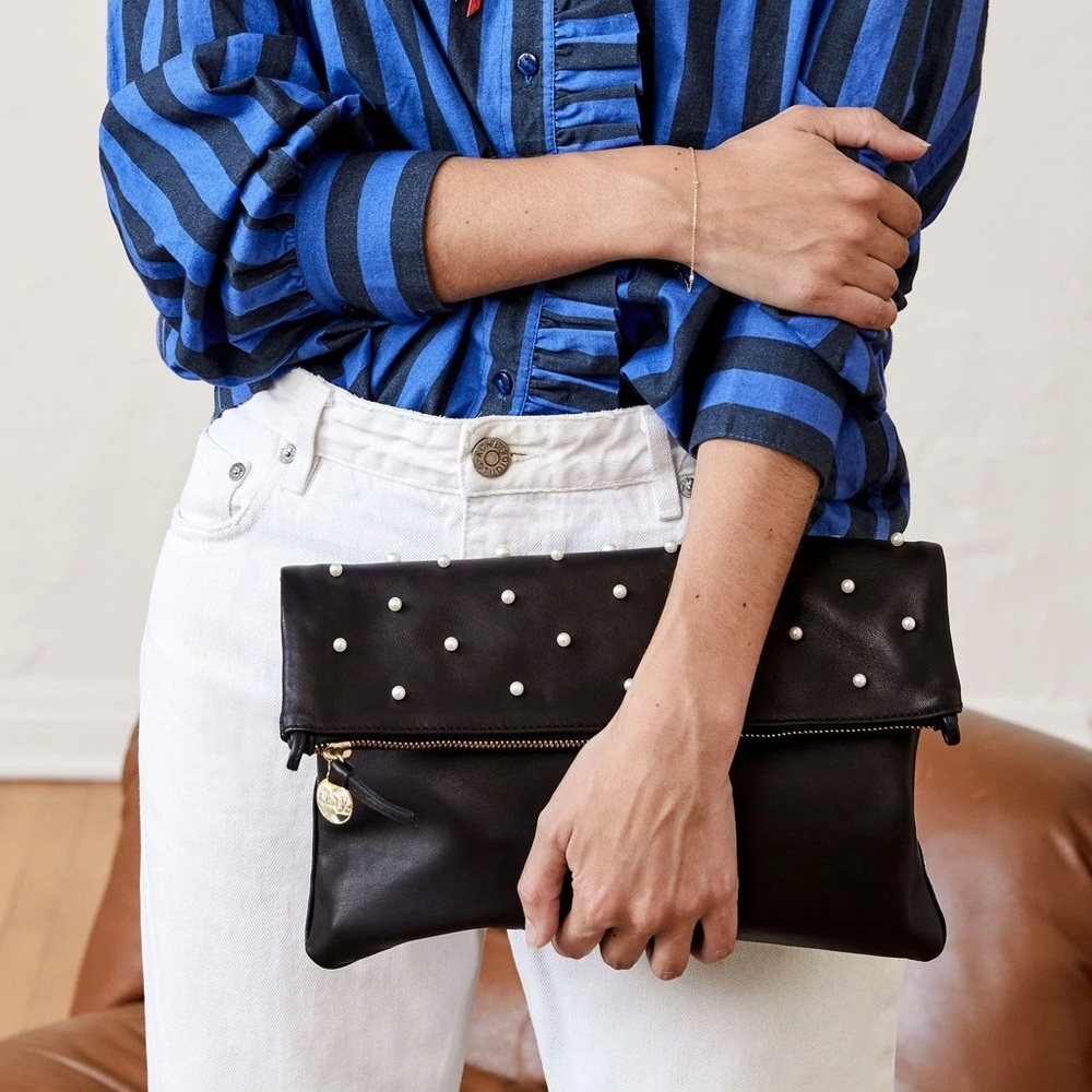 Clare V. Foldover Pearl Clutch in Black Leather NWT